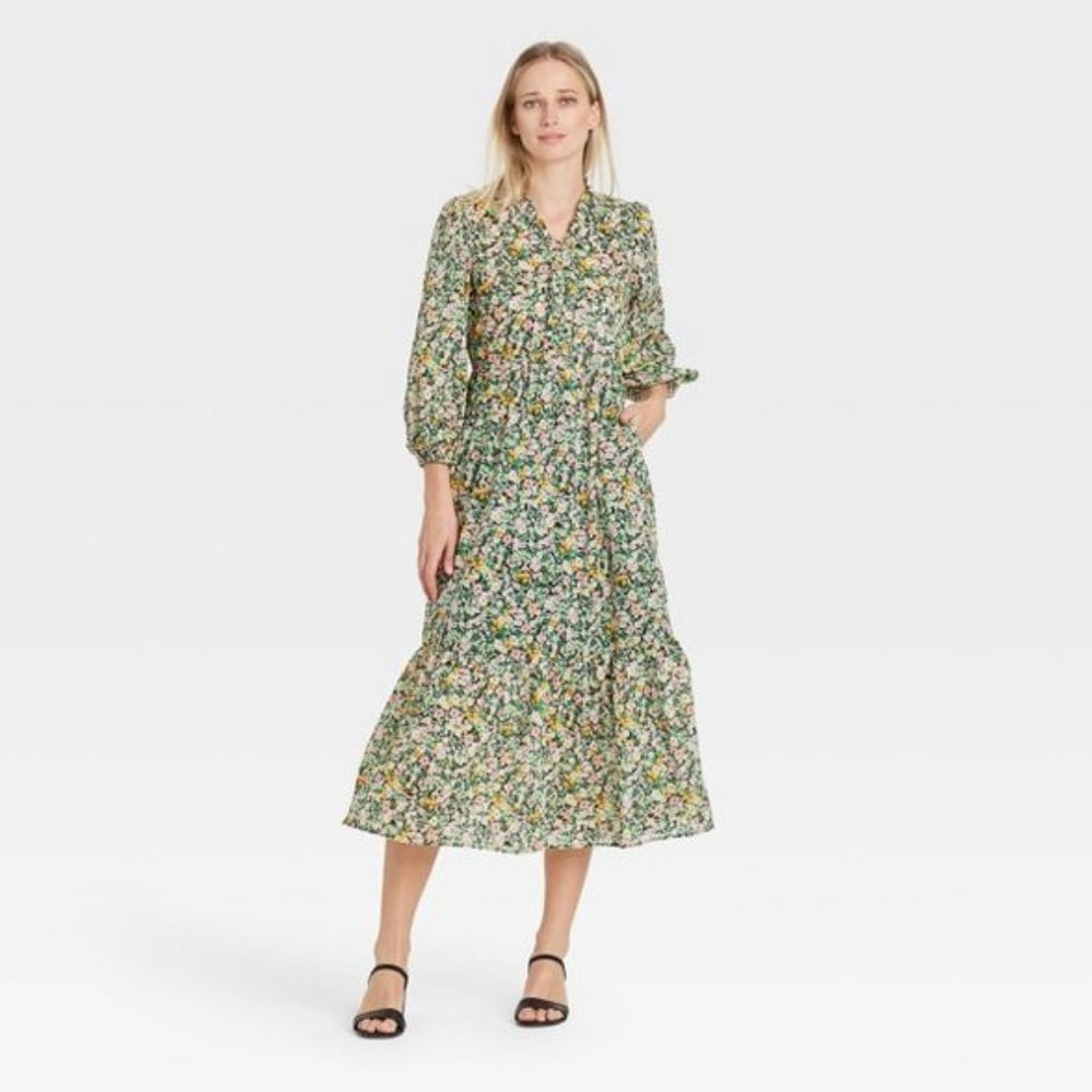Women's Green Floral Balloon Long Sleeve Dress *NEW*